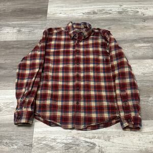 Eddie Bauer Red Cream Plaid L Lightweight Polyester Button Down Flannel‎ Shirt